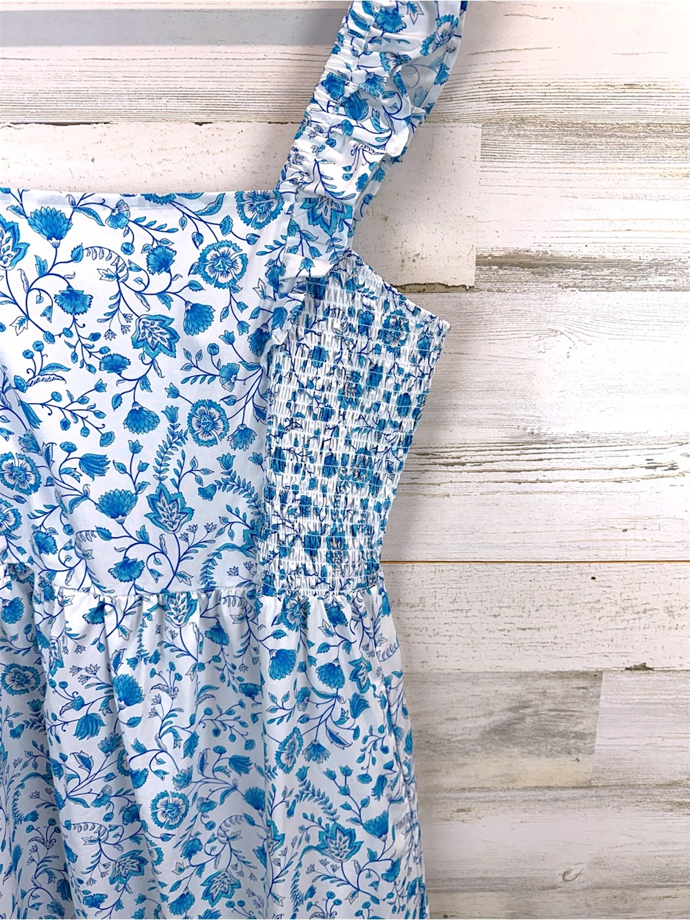 Draper James Blue White Floral Smocked Cotton Midi Dress Coastal Chic Large - Picture 6 of 12